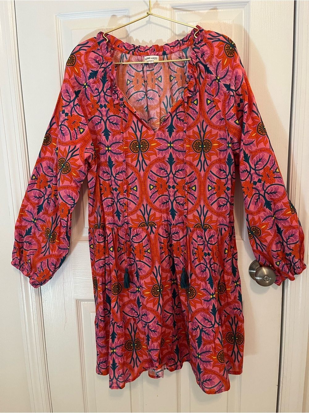 KING + PITT Pink Orange Floral Boho Tiered Dress Size Large - Picture 2 of 14